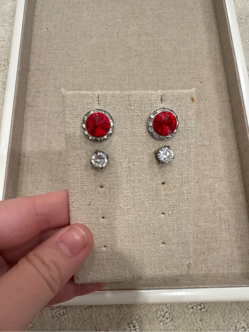 2 Pair Rhinestone Stud Earring Bundle Red Crystal & Clear Solitaire